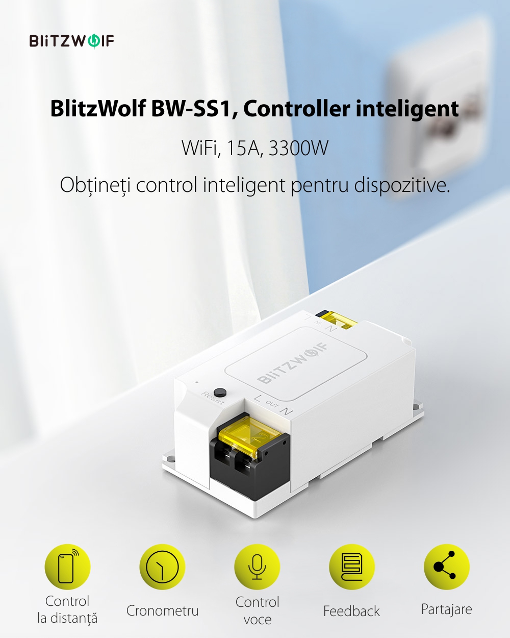 BlitzWolf BW-SS1, Controller inteligent, WiFi, 15A, 3300W, Compatibil cu Amazon Alexa, Google Home & IFTTT