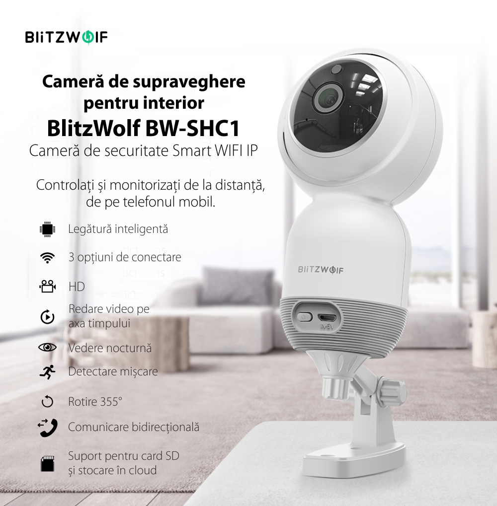 Camera de supraveghere inteligenta BlitzWolf BW-SHC1,1080p, Smart, Wi-Fi, Monitorizare de pe telefon