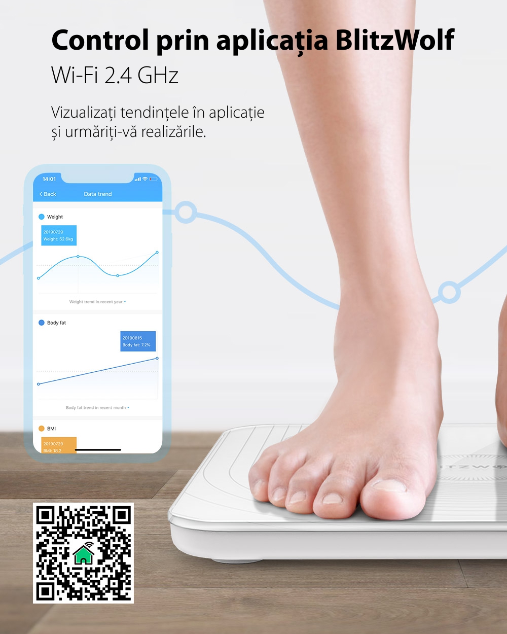 Cantar digital inteligent BlitzWolf BW-SC1, Smart, Control prin aplicatie, Masurare BMI, masa osoasa, grasime viscerala