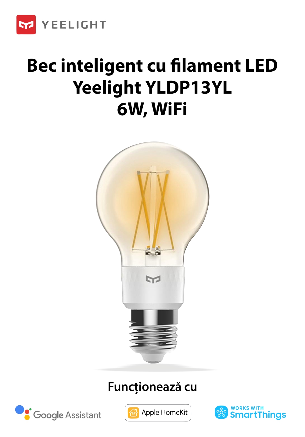 Bec inteligent cu filament LED, Yeelight YLDP12YL, Control smart, 6W, Wi-Fi, 2.4 GHz