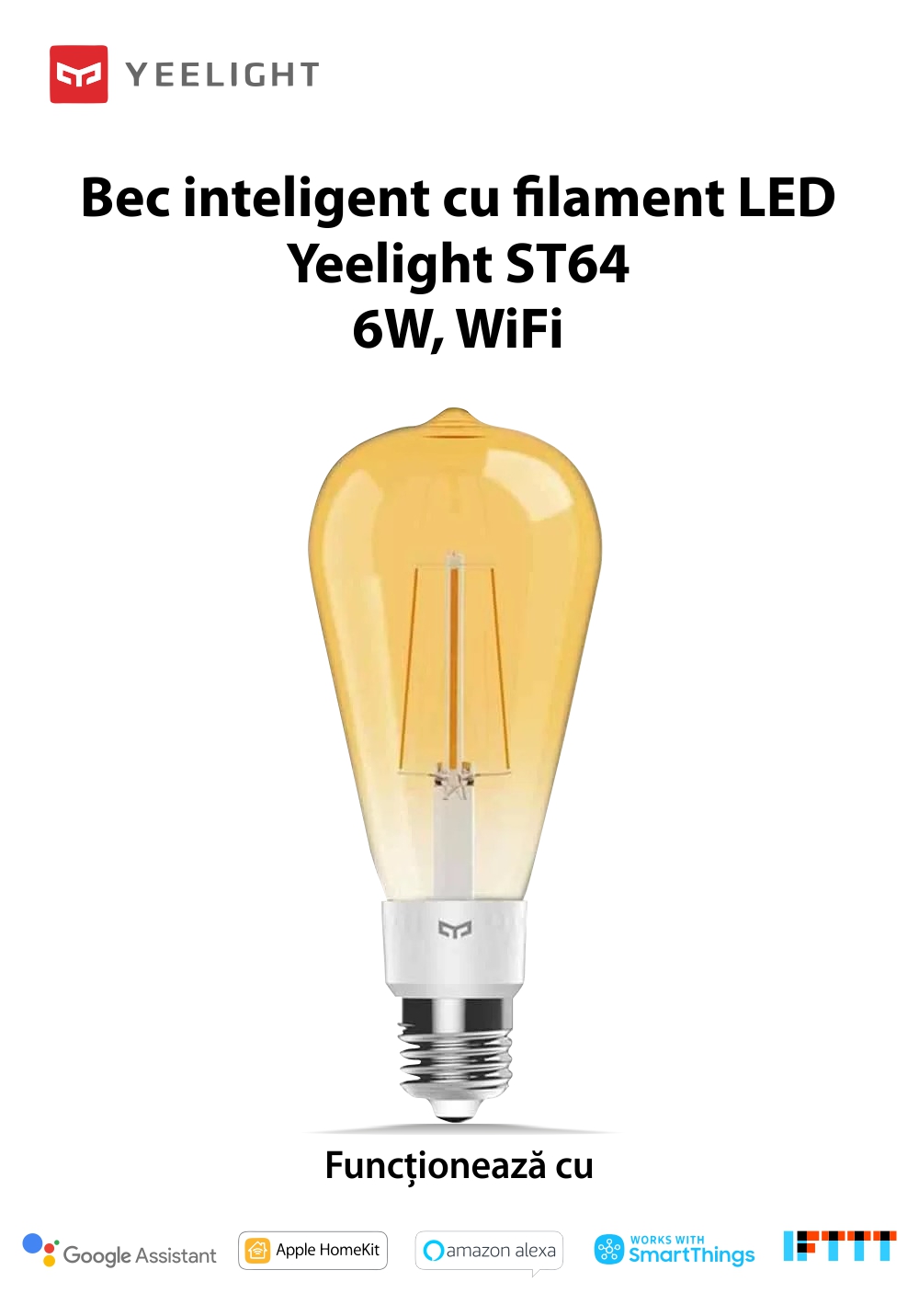 Bec Smart LED Yeelight ST64, Filament, 500 Lumeni, Wireless, E27, Control aplicatie