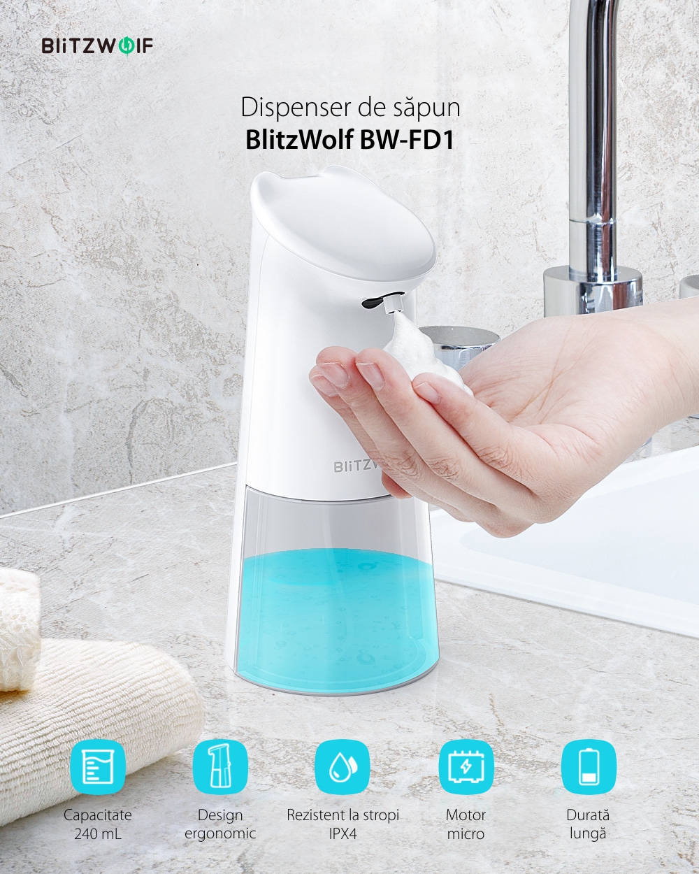 Dispenser de sapun BlitzWolf BW-FD1, Alb, 240 mL, Impermeabil IPX4, Tensiune 4.5V