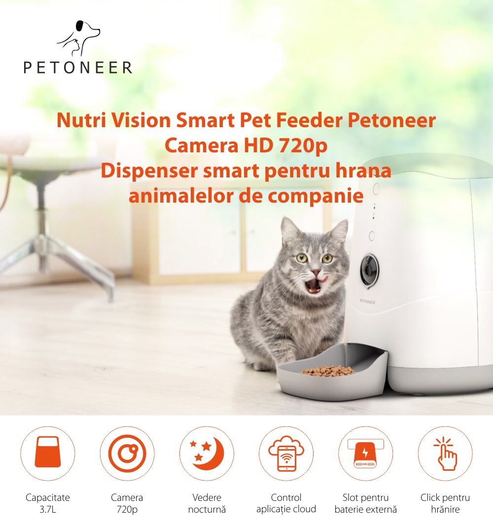 Dispenser smart pentru hrana animalelor de companie Petoneer Nutri Vision, 3.7 L, Camera, Control Vocal – Resigilat
