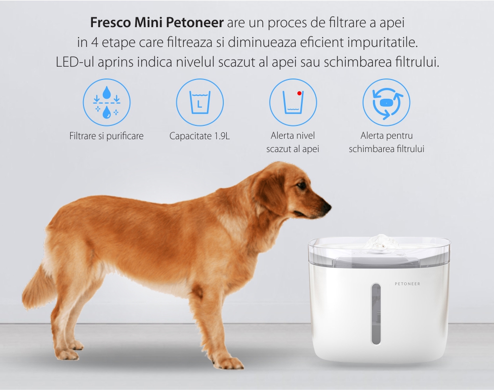 Dispenser de apa pentru animale de companie, Petoneer Fresco Mini, 1.9L, Filtrare, Control aplicatie