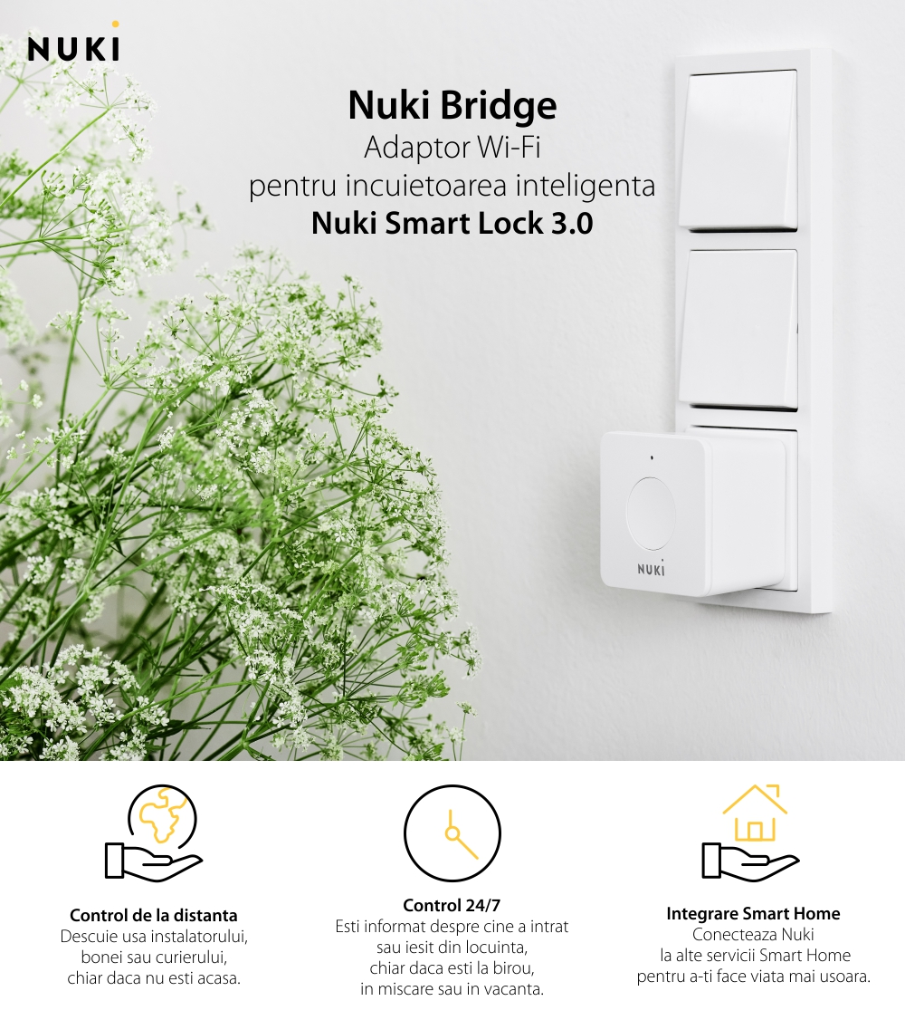 Adaptor Wi-Fi Nuki Bridge, Pentru Nuki Smart Lock 3.0, Control de la distanta, 220V