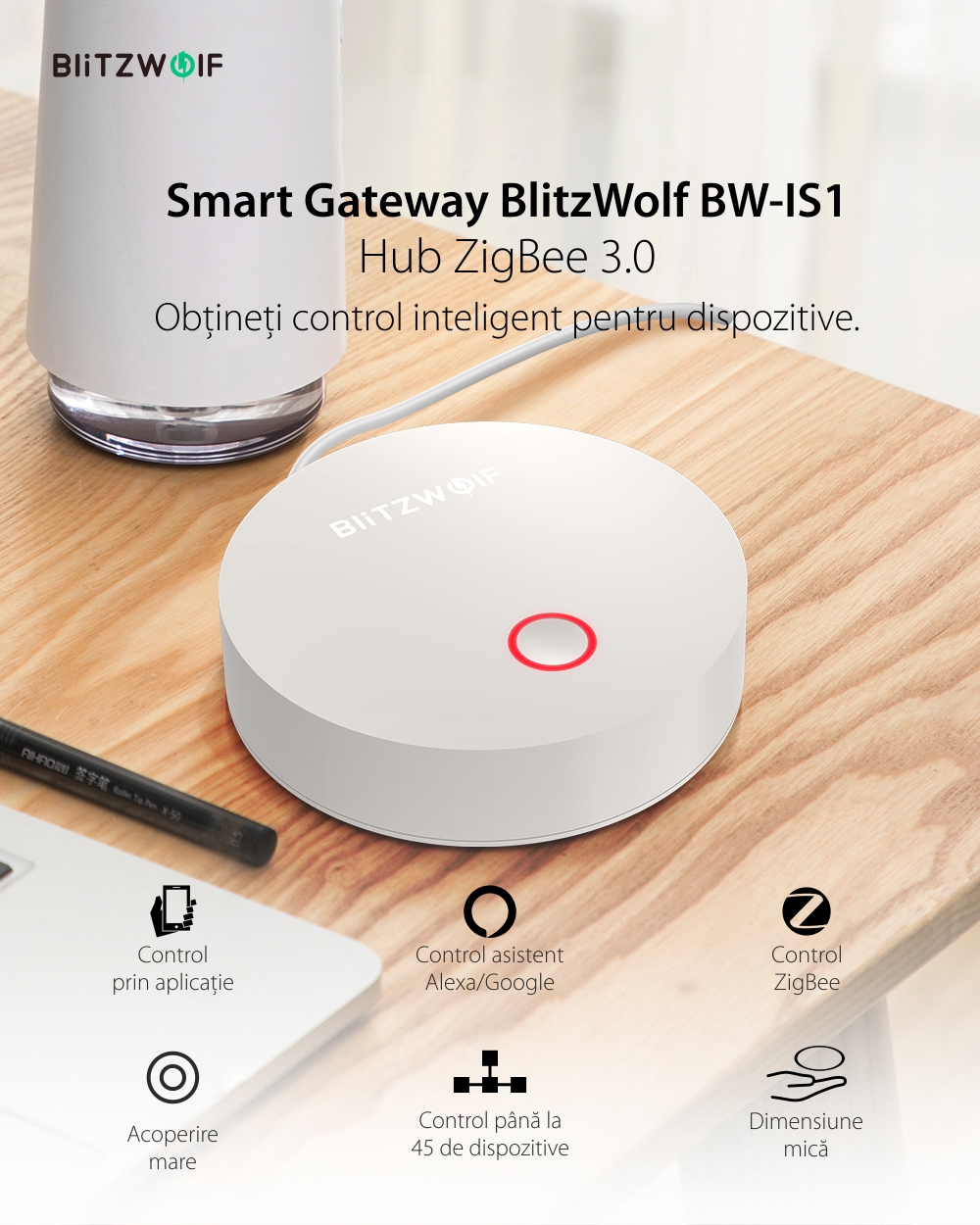 Centru de comanda BlitzWolf BW-IS1, Hub inteligent Zigbee 3.0, Wi-Fi, Control aplicatie