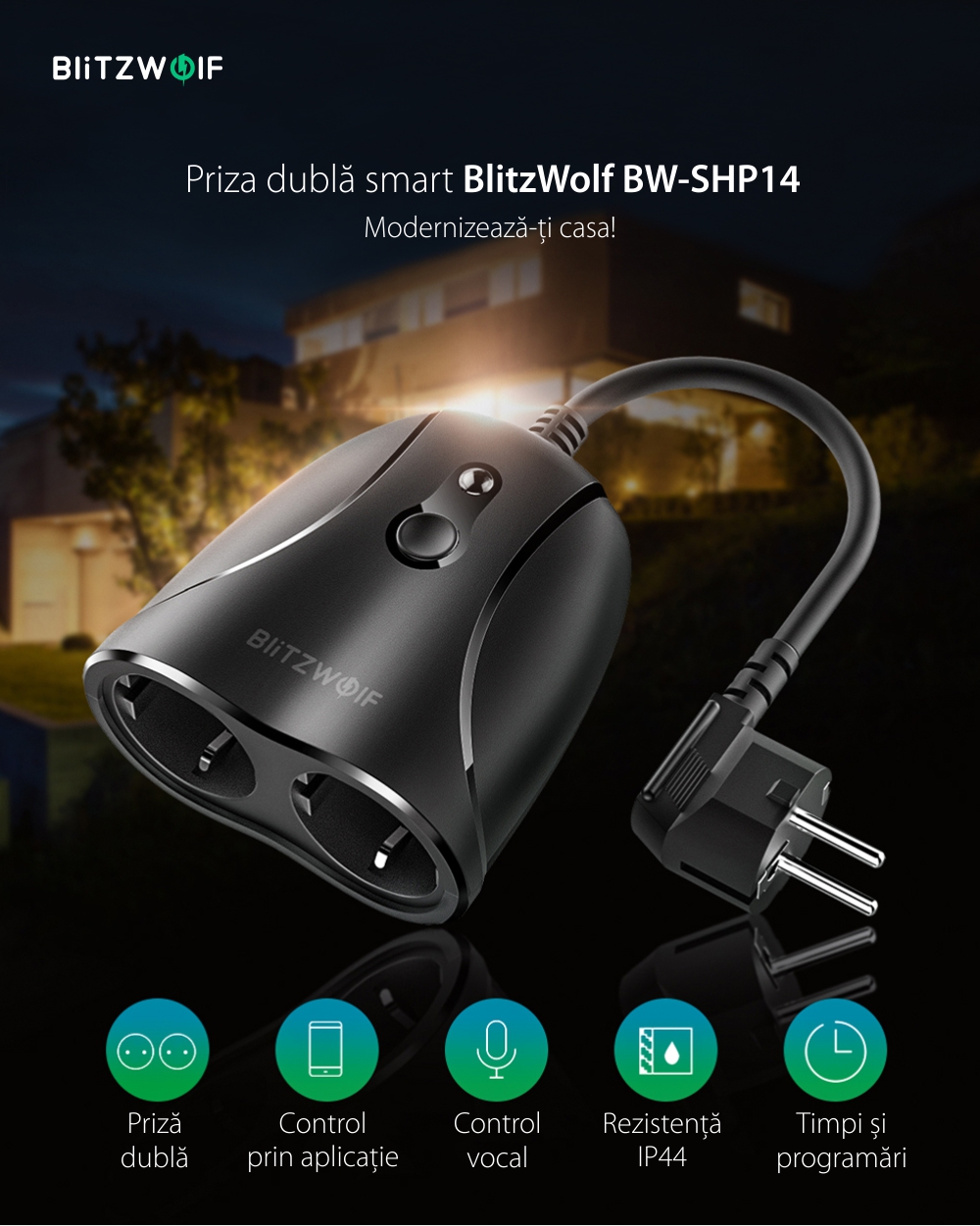 Priza dubla BlitzWolf BW-SHP14, Wi-Fi, Control aplicatie, Rezistenta IP44