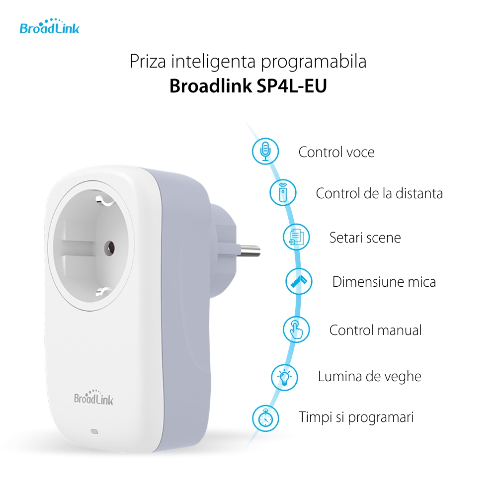 Priza inteligenta BroadLink SP4L-EU, Wi-Fi, 16A,  Programabila, Control aplicatie, Lumina de veghe