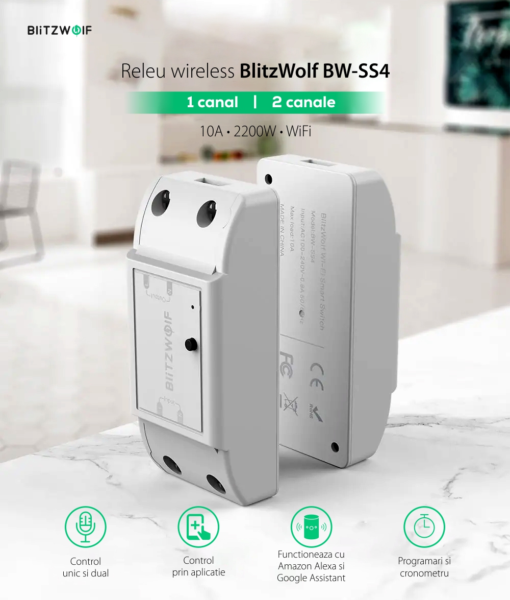 Releu wireless 2 canale, BlitzWolf BW-SS4, Smart, Control aplicatie, 2200W