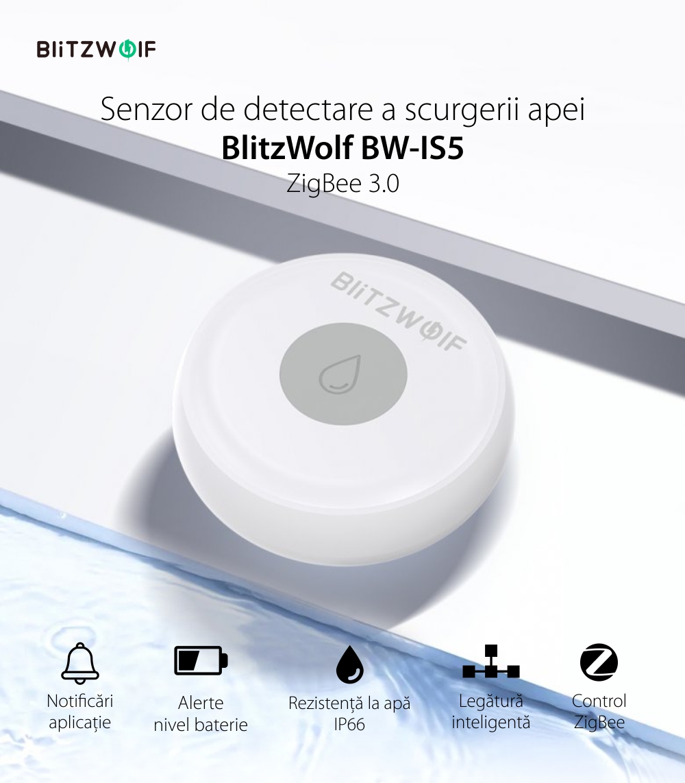 Senzor de detectare a scurgerii apei BlitzWolf BW-IS5, Wi-Fi, ZigBee 3.0