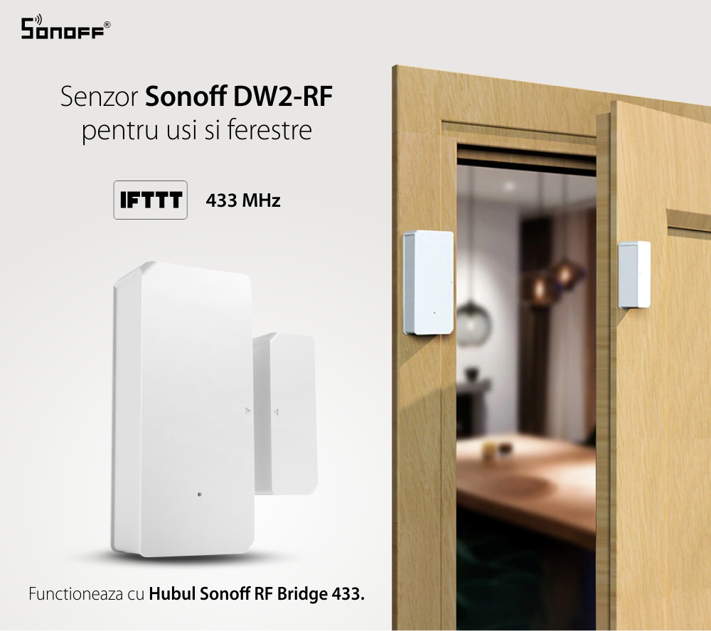 Senzor pentru usi si ferestre Sonoff DW2-RF, Wireless, Notificari aplicatie