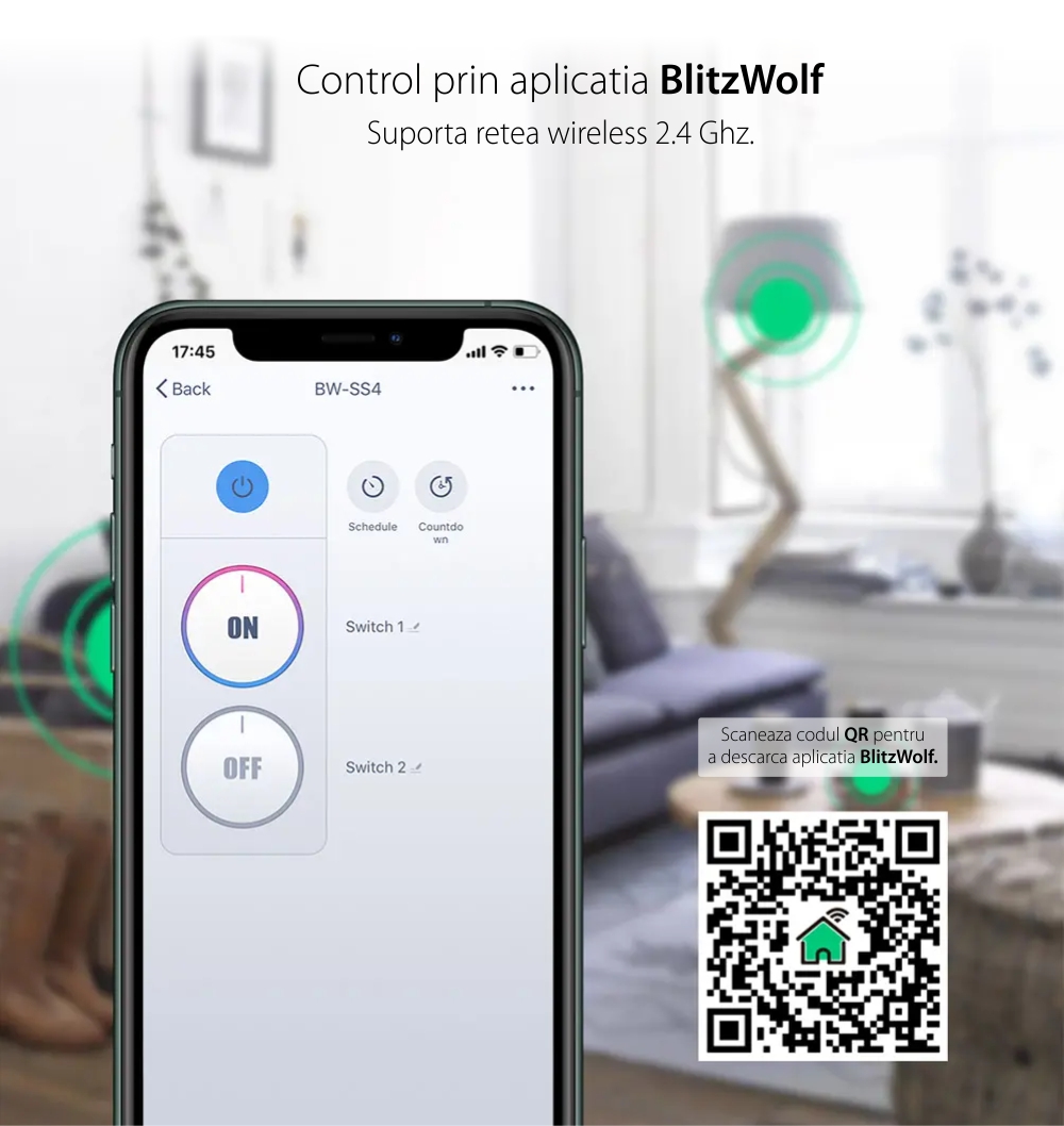 Releu wireless 2 canale, BlitzWolf BW-SS4, Smart, Control aplicatie, 2200W