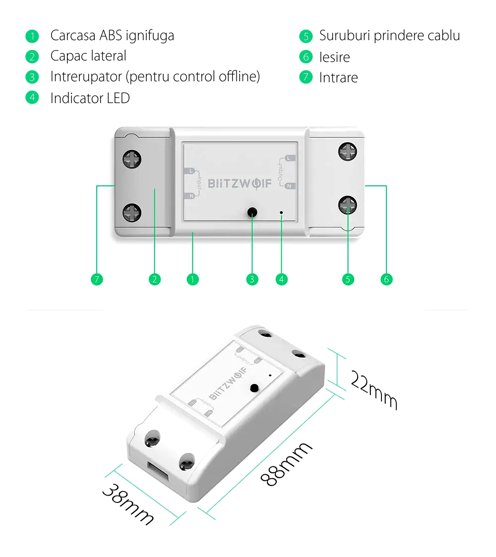 Releu wireless 2 canale, BlitzWolf BW-SS4, Smart, Control aplicatie, 2200W
