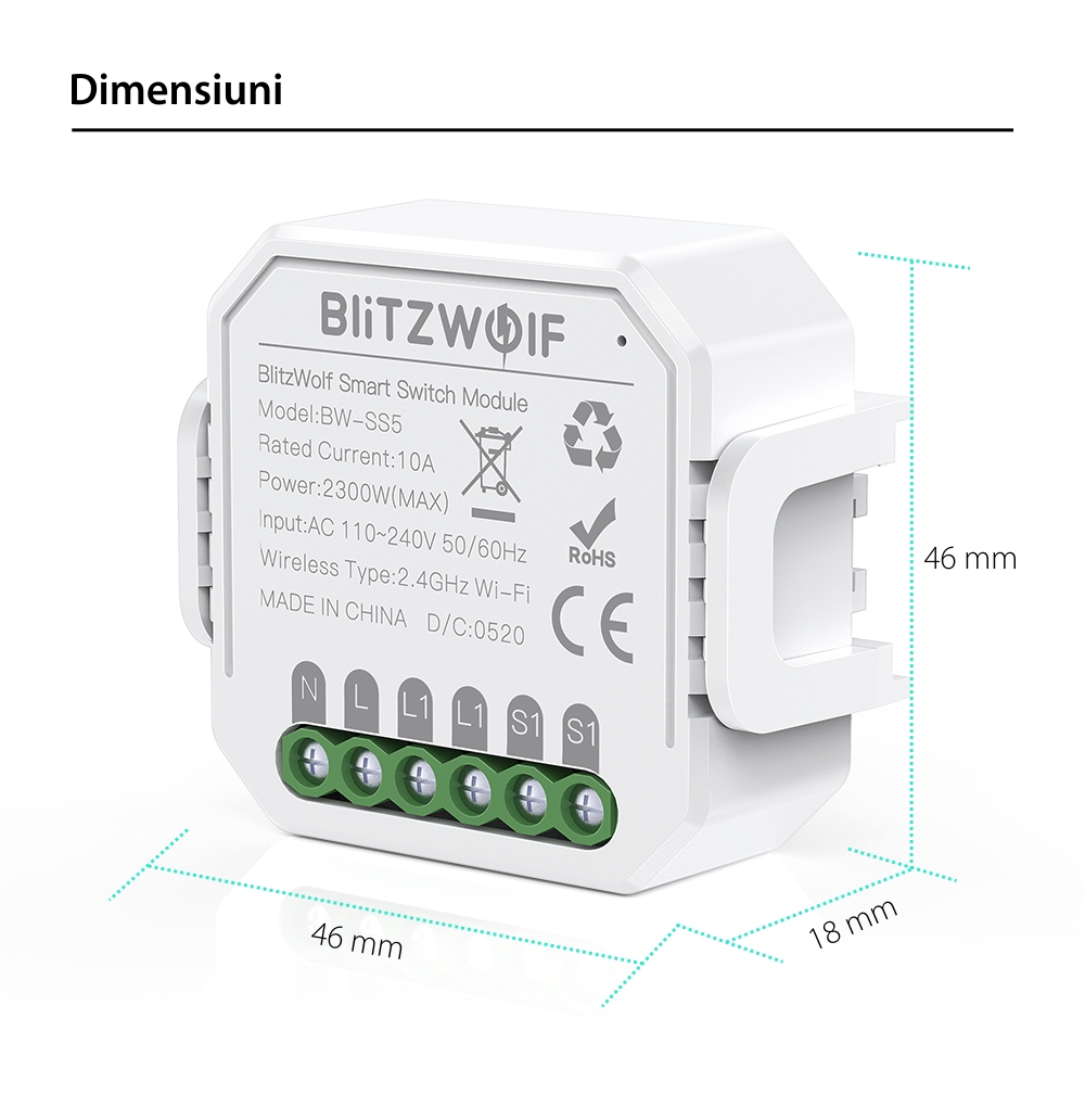 Comutator smart BlitzWolf BW-SS5, 1 Canal, Wi-Fi, Distanta operare 100 m, 2300 W