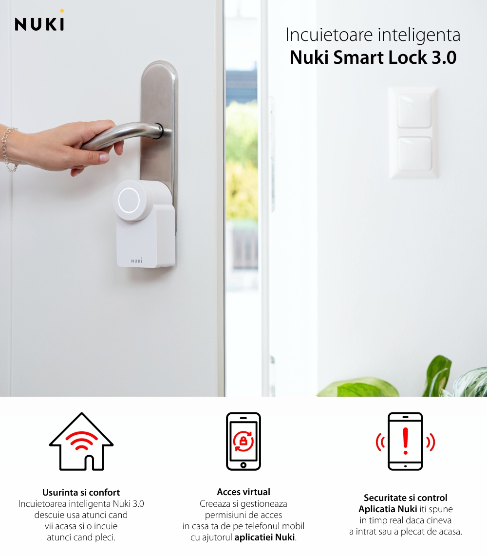 Incuietoare inteligenta Nuki Smart Lock 3.0, Wireless, Bluetooth 5.0, Control aplicatie, Raza detectie 10 m