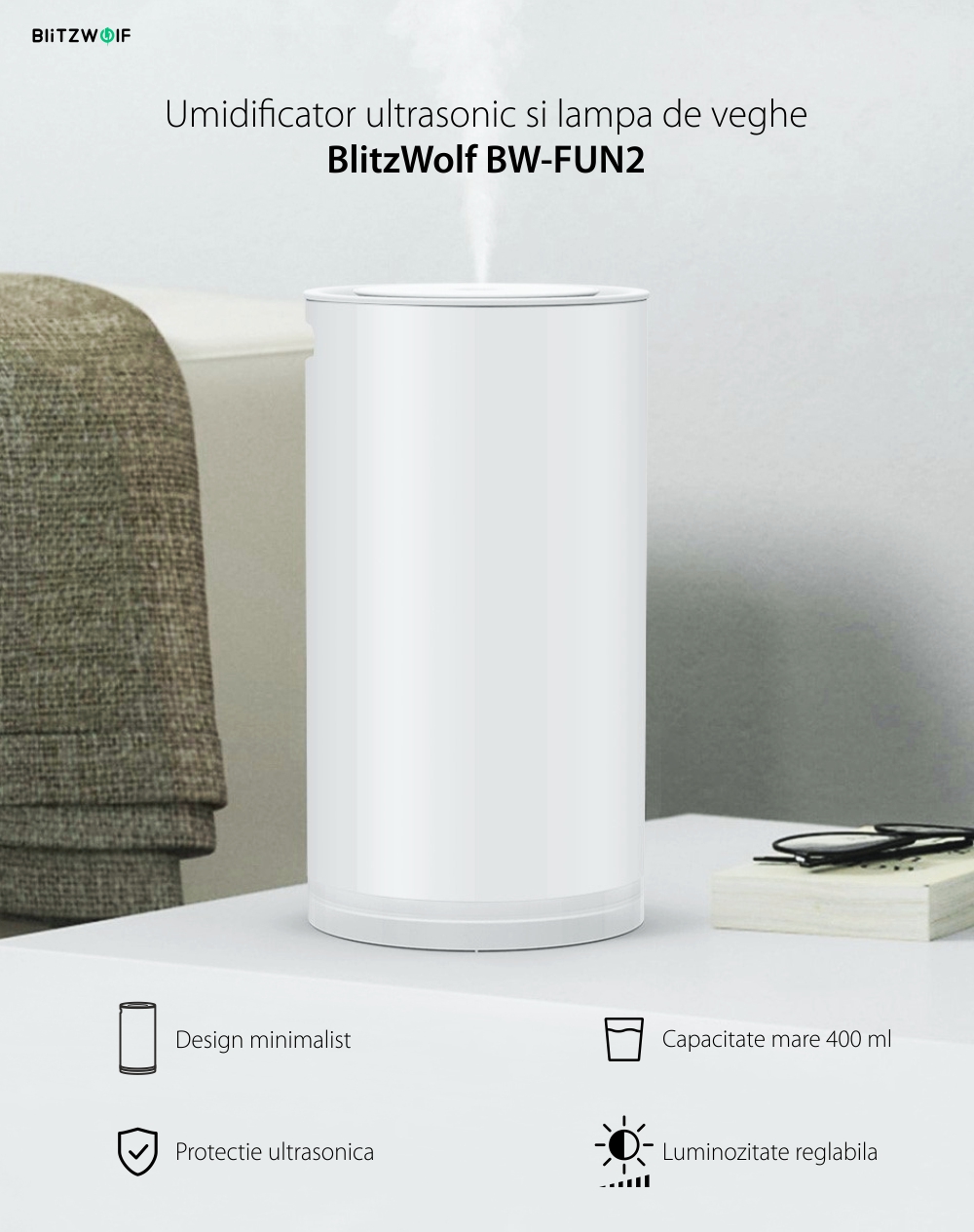 Umidificator ultrasonic cu lampa de veghe BlitzWolf BW-FUN2, Capacitate 400 mL, Luminozitate reglabila