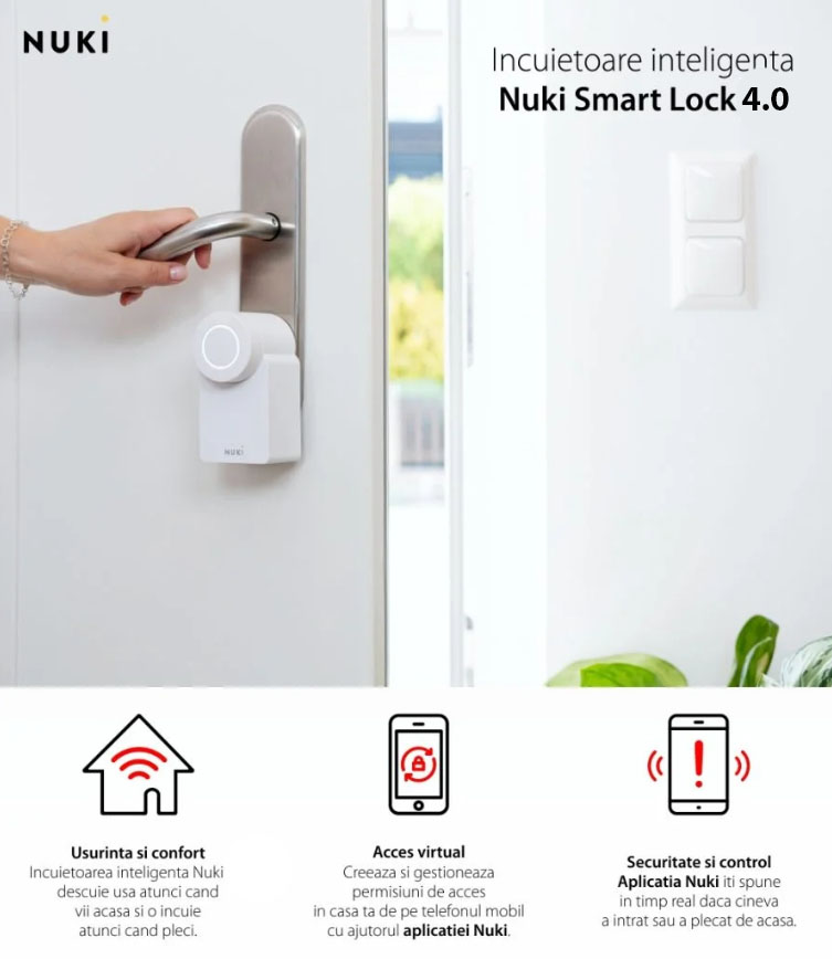 Incuietoare inteligenta Nuki Smart Lock 4.0, Wireless, Bluetooth 5.0, Control aplicatie, Raza detectie 10 m