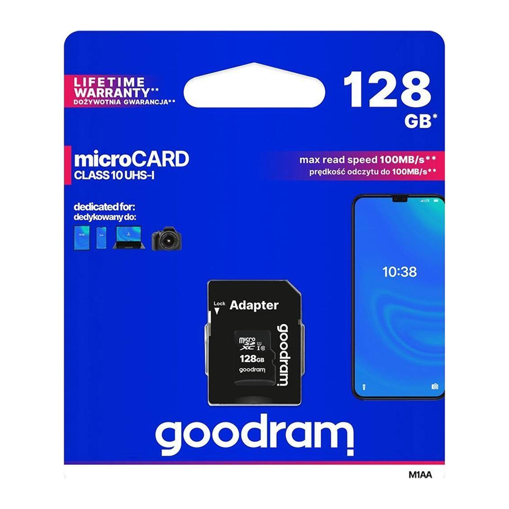 Card de memorie MicroSDXC + Adaptor SD, GOODRAM M1AA-1280R12, 128 GB, Memorie interna USH-I