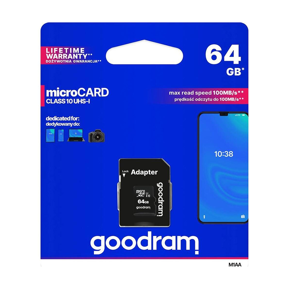 Card de memorie MicroSDXC + Adaptor SD, GOODRAM M1AA-0640R12, 64 GB, Memorie interna USH-I