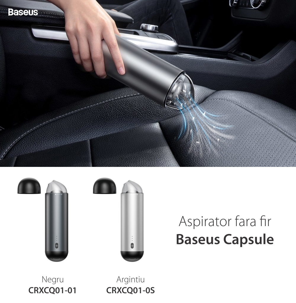 Aspirator auto Baseus Capsule, Wireless, Baterie 2000 mAh, Putere 65 W, Incarcare Type-C