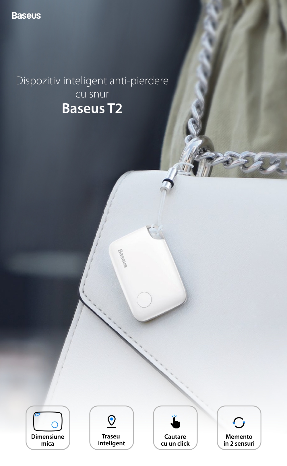 Dispozitiv inteligent anti-pierdere Baseus T2, Bluetooth, Monitorizare aplicatie, Baterie 75 mAh, Alarma 100 dB