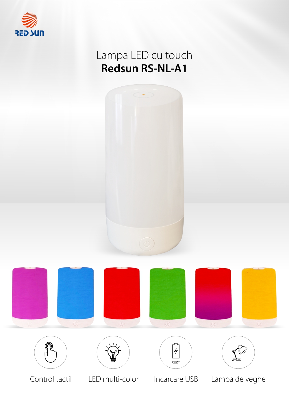Lampa LED RedSun RS-NL-A1, Multicolor, Touchscreen, Incarcare USB, Control intensitate