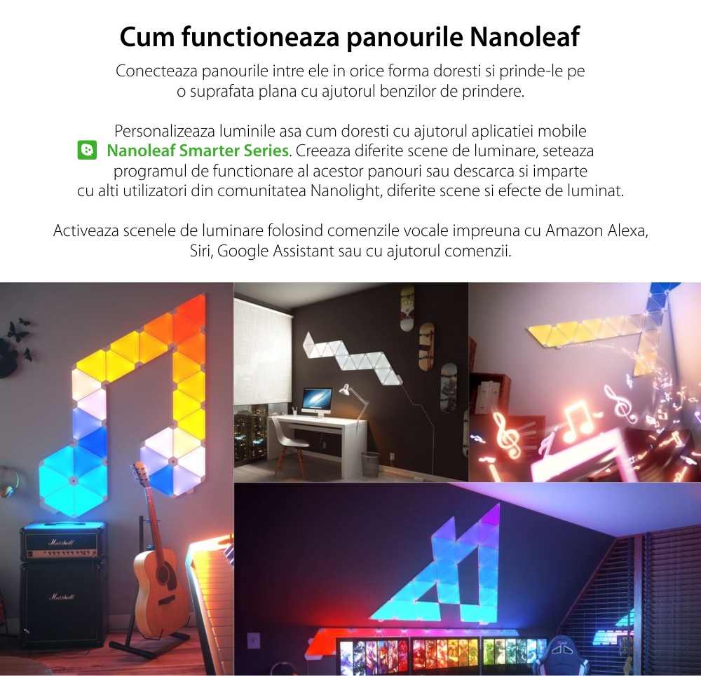 Kit 4 panouri luminoase triunghiulare LED RGBW Nanoleaf Aurora cu senzor muzica