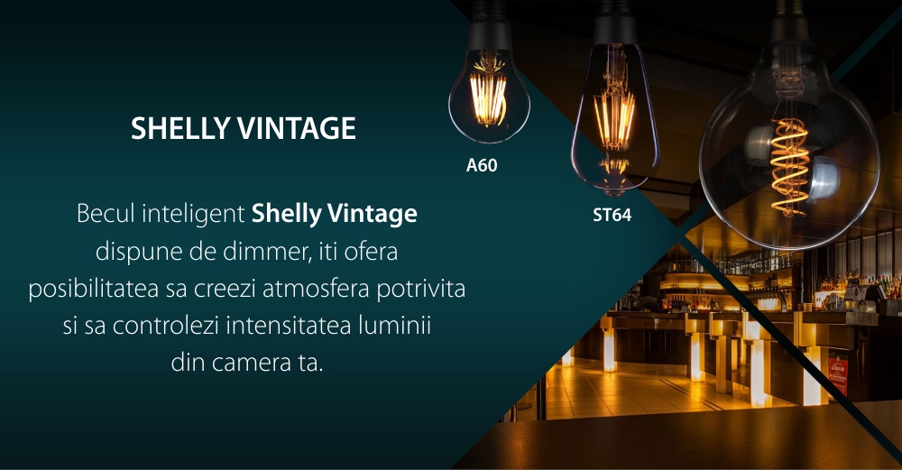 Bec inteligent Shelly Vintage A60, Dimmer, Wi-Fi, Control aplicatie, E27, 7W, 750 LM