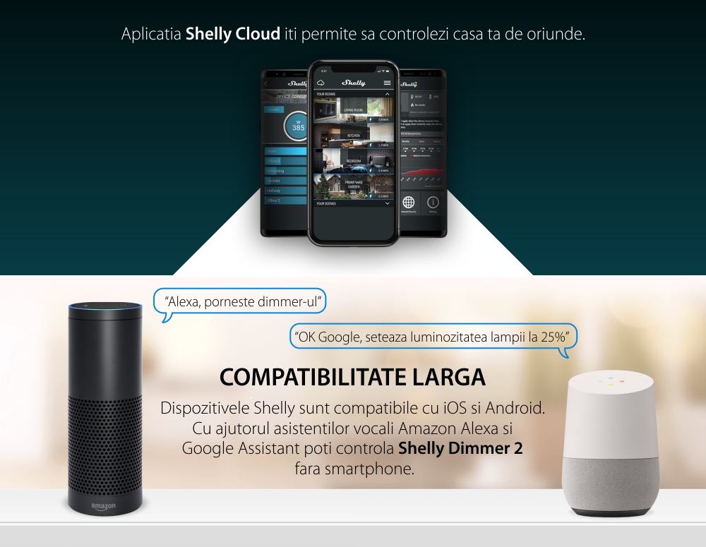 Releu inteligent pentru lumini Shelly Dimmer 2, Wi-Fi, 1 Canal, Compatibil cu Amazon Alexa si Google Assistant