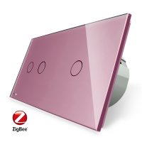 Intrerupator dublu + simplu cu touch Livolo din sticla, Protocol ZigBee, Control de pe telefon culoare roz