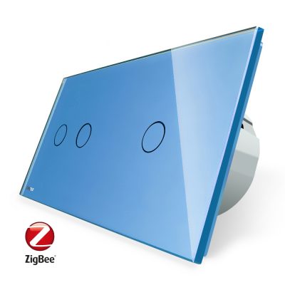 Intrerupator dublu + simplu cu touch Livolo din sticla, Protocol ZigBee, Control de pe telefon culoare albastra