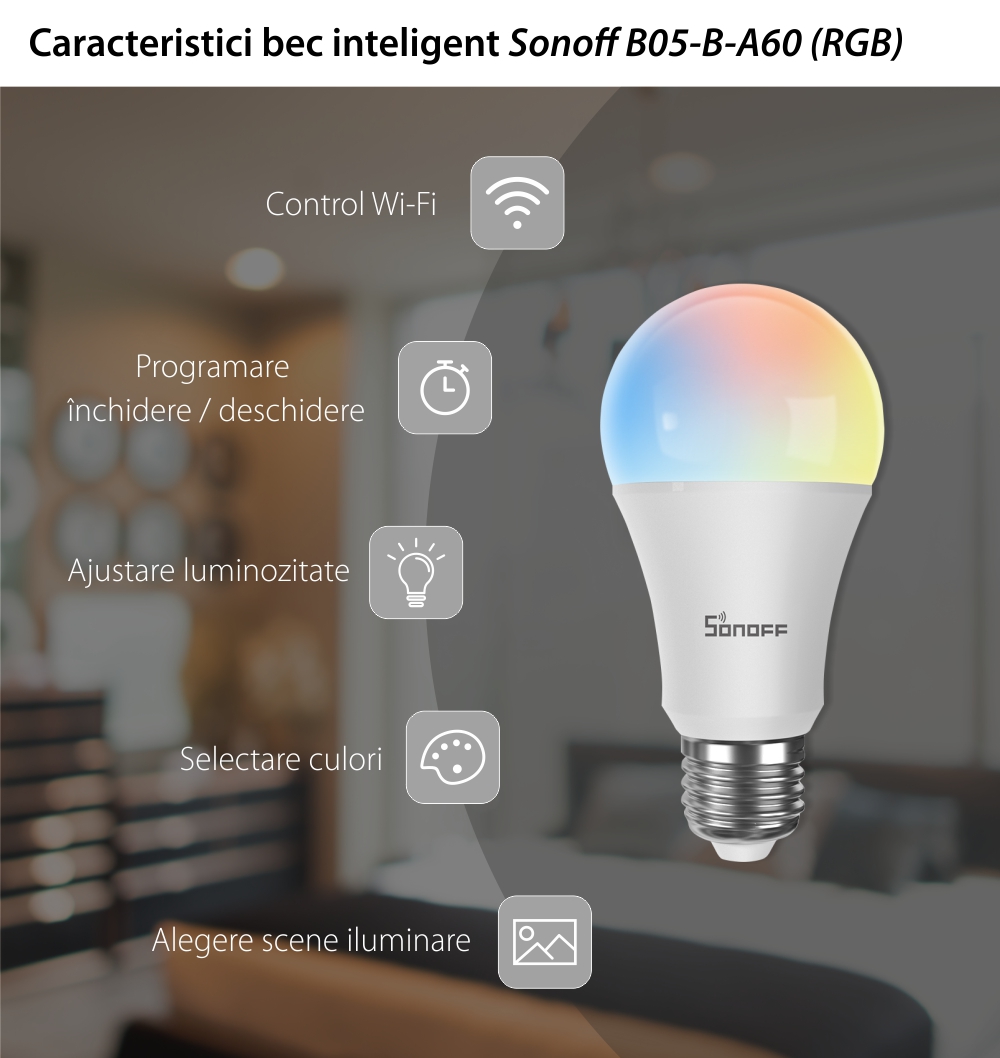 Bec inteligent cu LED Sonoff B05-B-A60, RGB, Putere 9W, 806 LM, Control aplicatie