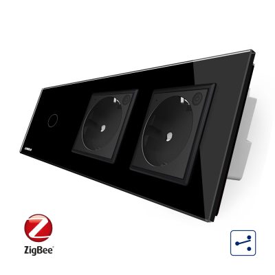 Intrerupator LIVOLO simplu ZigBee cap scara / cap cruce cu touch si 2 prize ZigBee din sticla, Control de pe telefon culoare neagra
