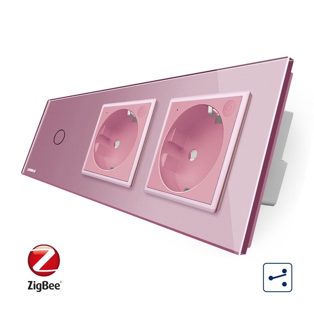 Intrerupator LIVOLO simplu ZigBee cap scara / cap cruce cu touch si 2 prize ZigBee din sticla, Control de pe telefon