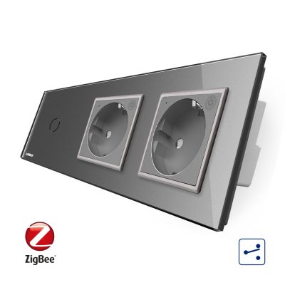 Intrerupator LIVOLO simplu ZigBee cap scara / cap cruce cu touch si 2 prize ZigBee din sticla, Control de pe telefon culoare gri
