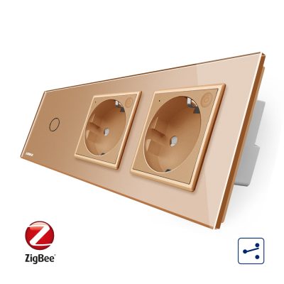 Intrerupator LIVOLO simplu ZigBee cap scara / cap cruce cu touch si 2 prize ZigBee din sticla, Control de pe telefon culoare aurie