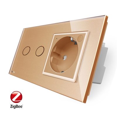 Intrerupator dublu ZigBee + priza simpla ZigBee Livolo, rama din sticla, Control de pe telefon culoare aurie
