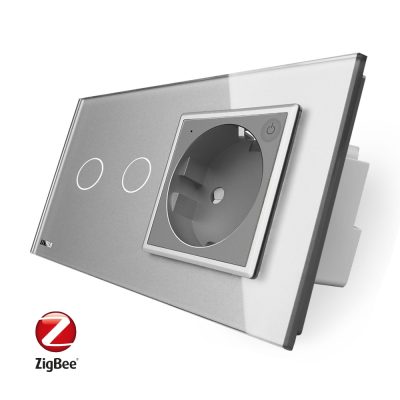 Intrerupator dublu ZigBee + priza simpla ZigBee Livolo, rama din sticla, Control de pe telefon culoare gri