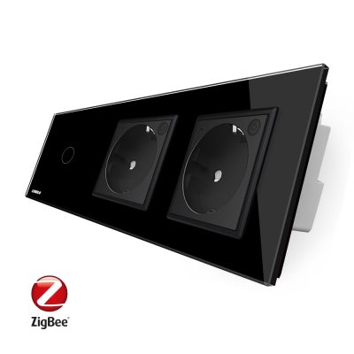 Intrerupator LIVOLO simplu ZigBee cu touch si 2 prize din sticla ZigBee, Control de pe telefon culoare neagra