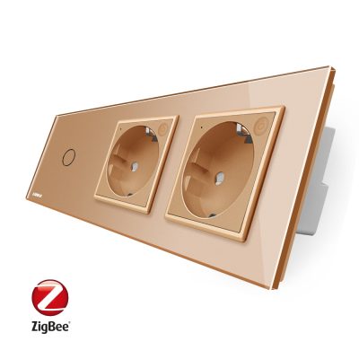 Intrerupator LIVOLO simplu ZigBee cu touch si 2 prize din sticla ZigBee, Control de pe telefon culoare aurie