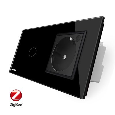 Intrerupator simplu ZigBee + priza simpla ZigBee, Livolo cu rama din sticla, Control de pe telefon culoare neagra
