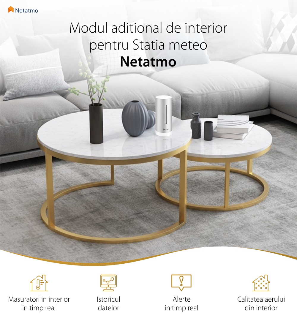 Modul aditional interior pentru statia meteo Netatmo, Conexiune Wi-Fi, Monitorizare temperatura, umiditate si dioxid de carbon
