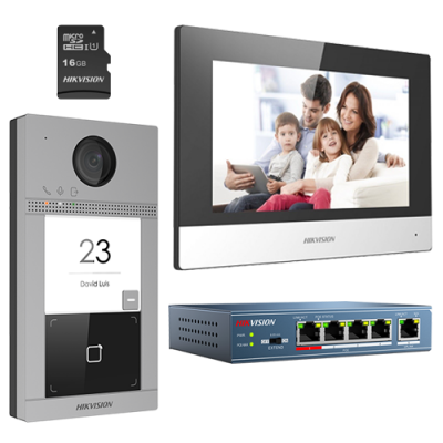 Kit videointerfon pentru familie HikVision DS-KIS604-S, Post exterior 2MP, Monitor 7 inch, Card memore 16 GB