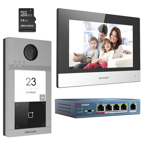Kit videointerfon pentru familie HikVision DS-KIS604-S, Post exterior 2MP, Monitor 7 inch, Card memore 16 GB 2MP imagine 2022