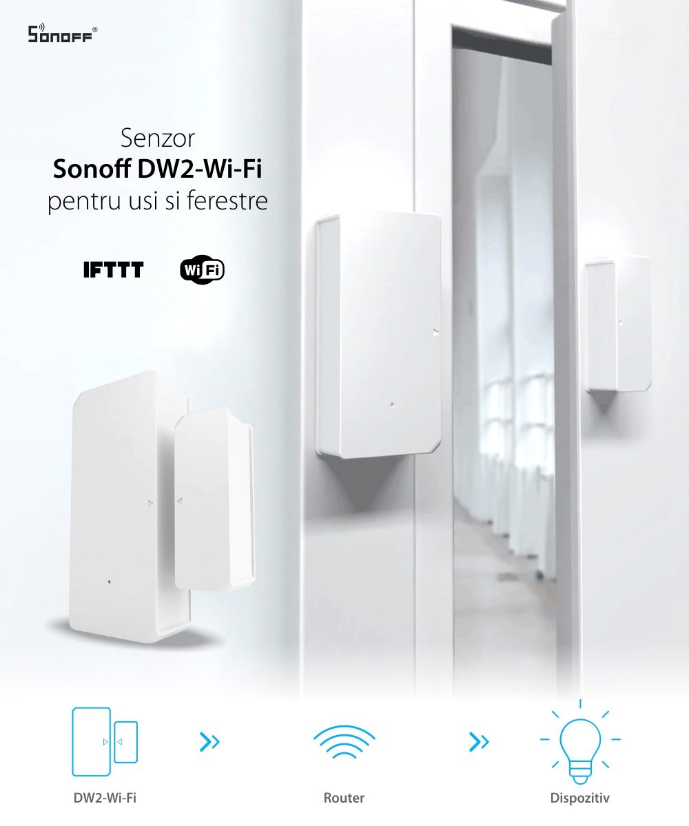 Senzor pentru usi si ferestre Sonoff DW2, Wi-Fi, Notificari si control din aplicatie