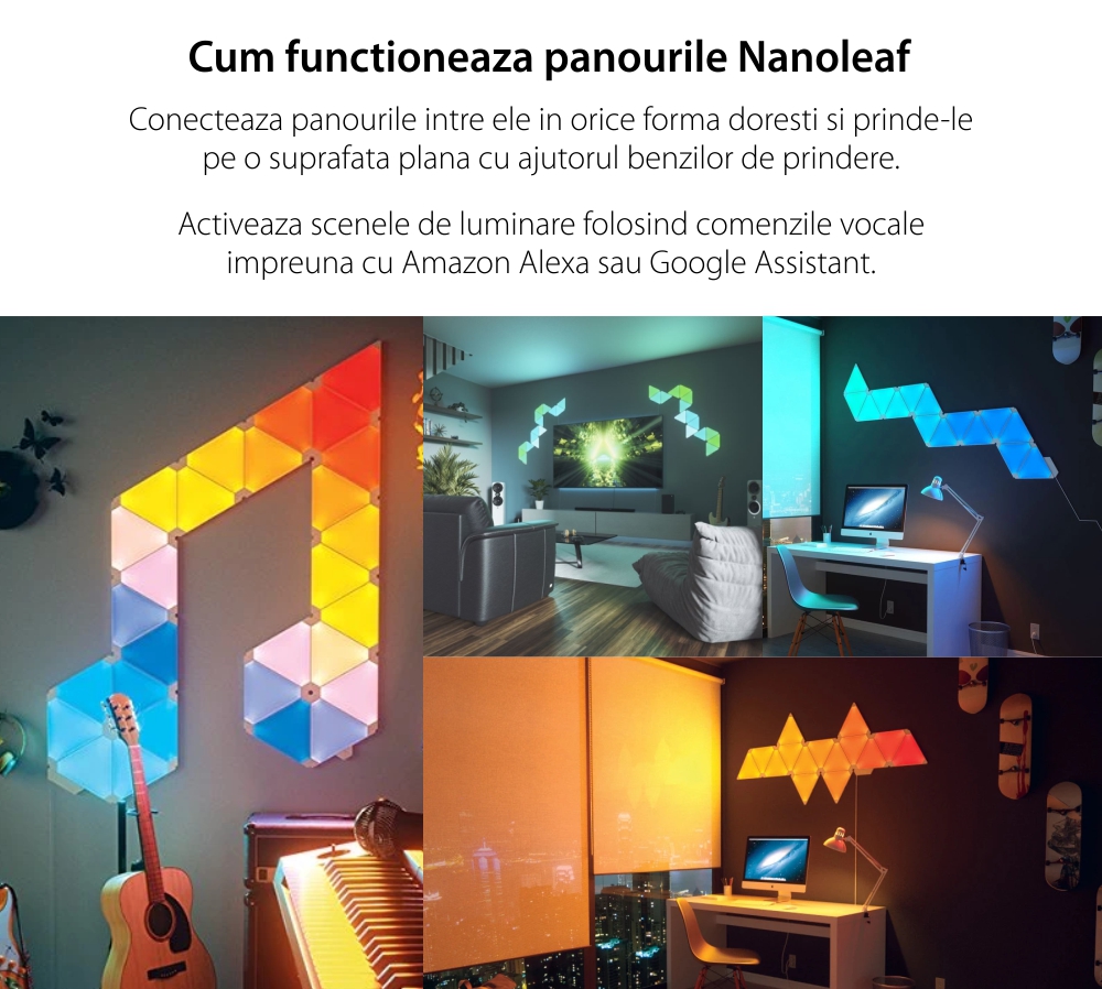 Kit 15 Panouri luminoase Nanoleaf Shapes Triangles, Iluminare LED RGBW, Senzor muzica, Cablu 2.5 m, Compatibil cu asistenti vocali