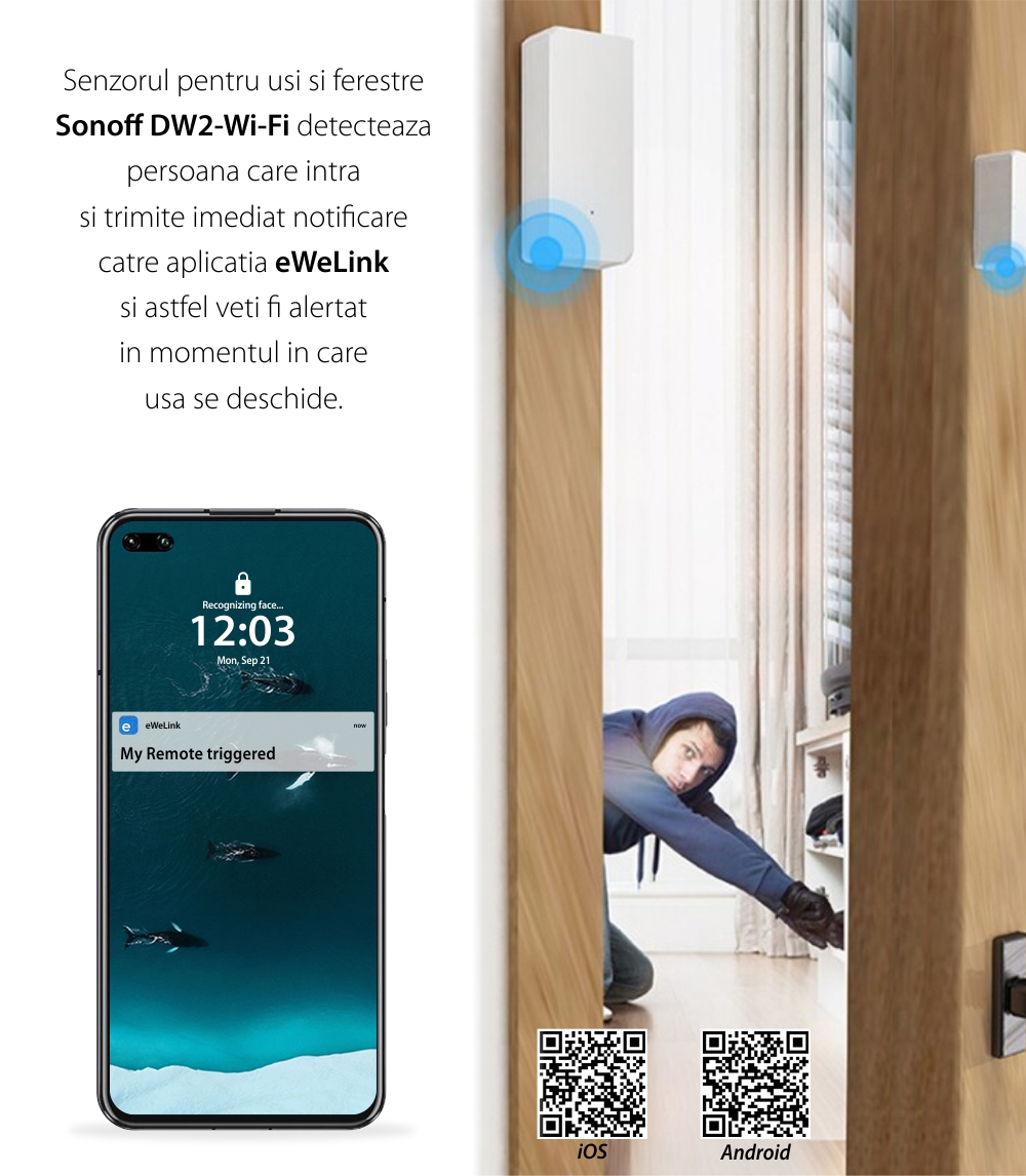 Senzor pentru usi si ferestre Sonoff DW2, Wi-Fi, Notificari si control din aplicatie
