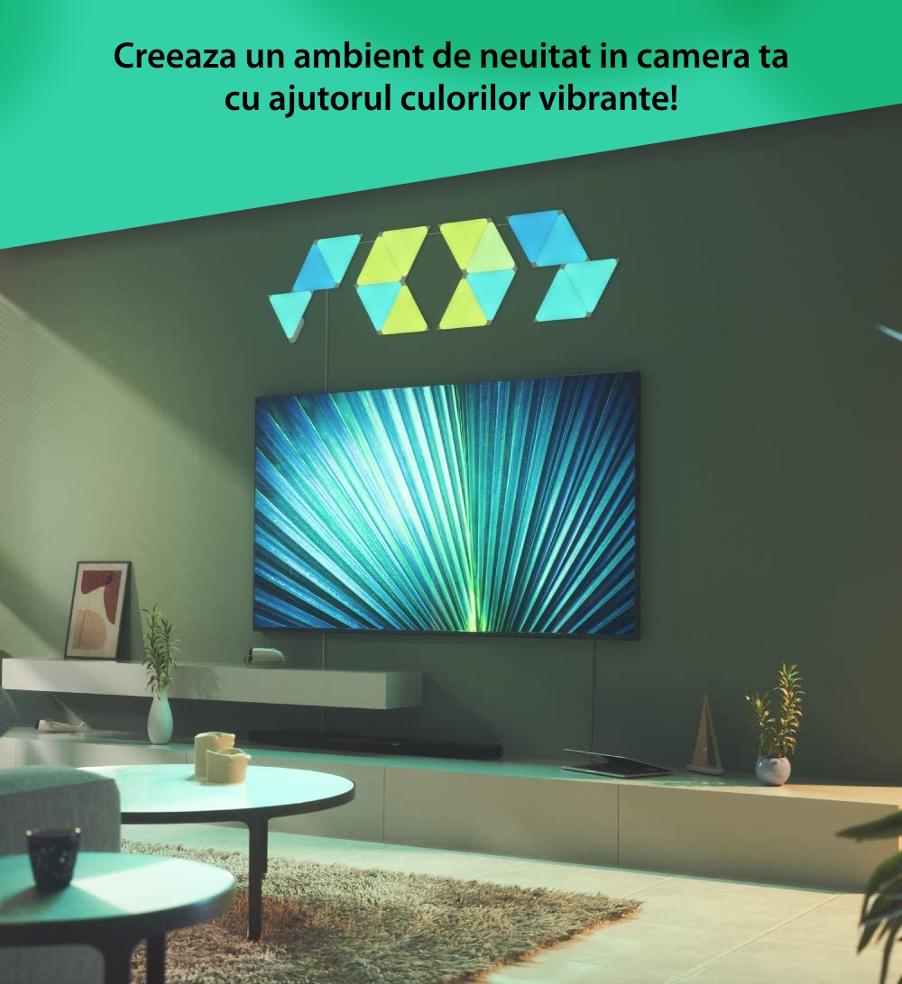Kit 4 Panouri luminaose Nanoleaf Shapes Triangles, 16 Milioane culori, Iluminare LED RGBW, 320 Lumeni
