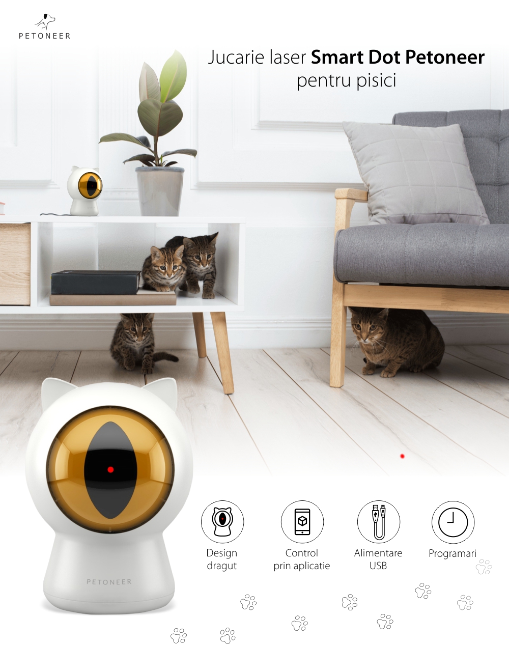 Jucarie inteligenta pentru pisici Petoneer Smart Dot, Control aplicatie, Programare, Alimentare USB – Resigilat