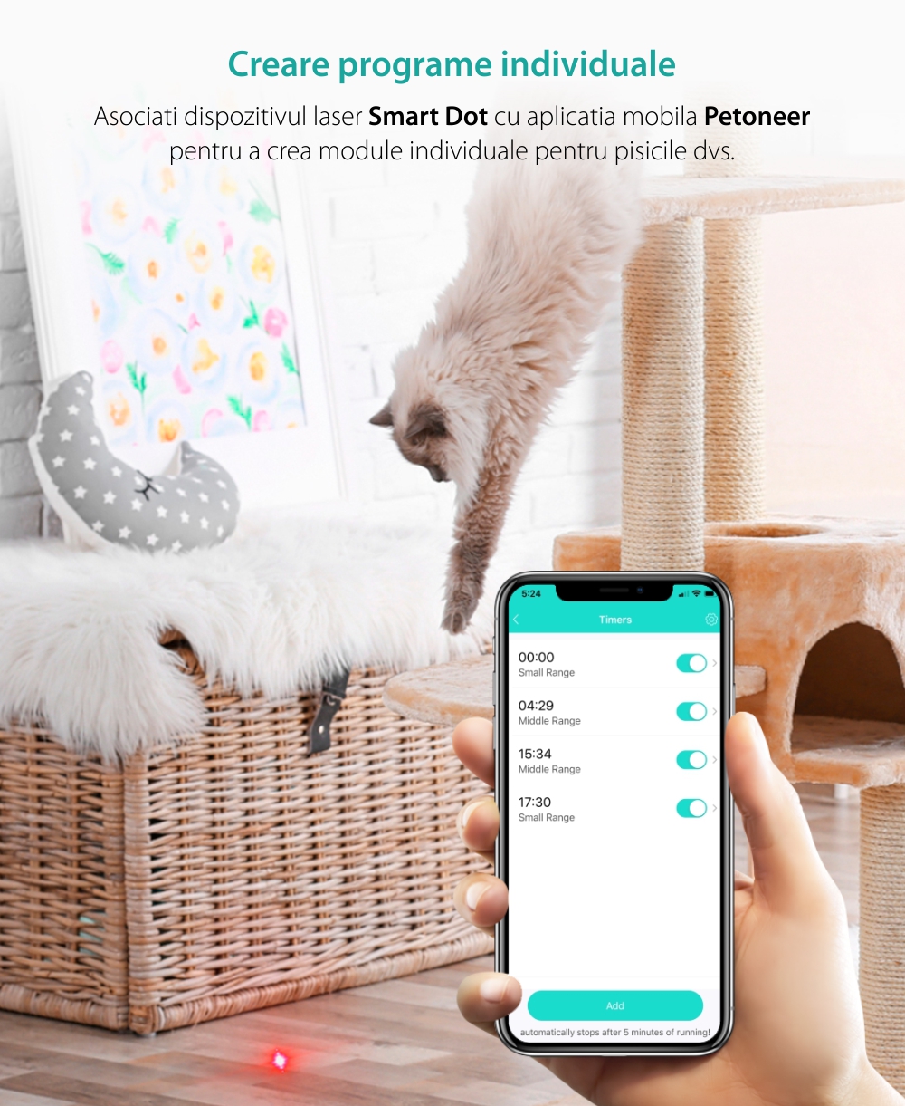 Jucarie inteligenta pentru pisici Petoneer Smart Dot, Control aplicatie, Programare, Alimentare USB – Resigilat